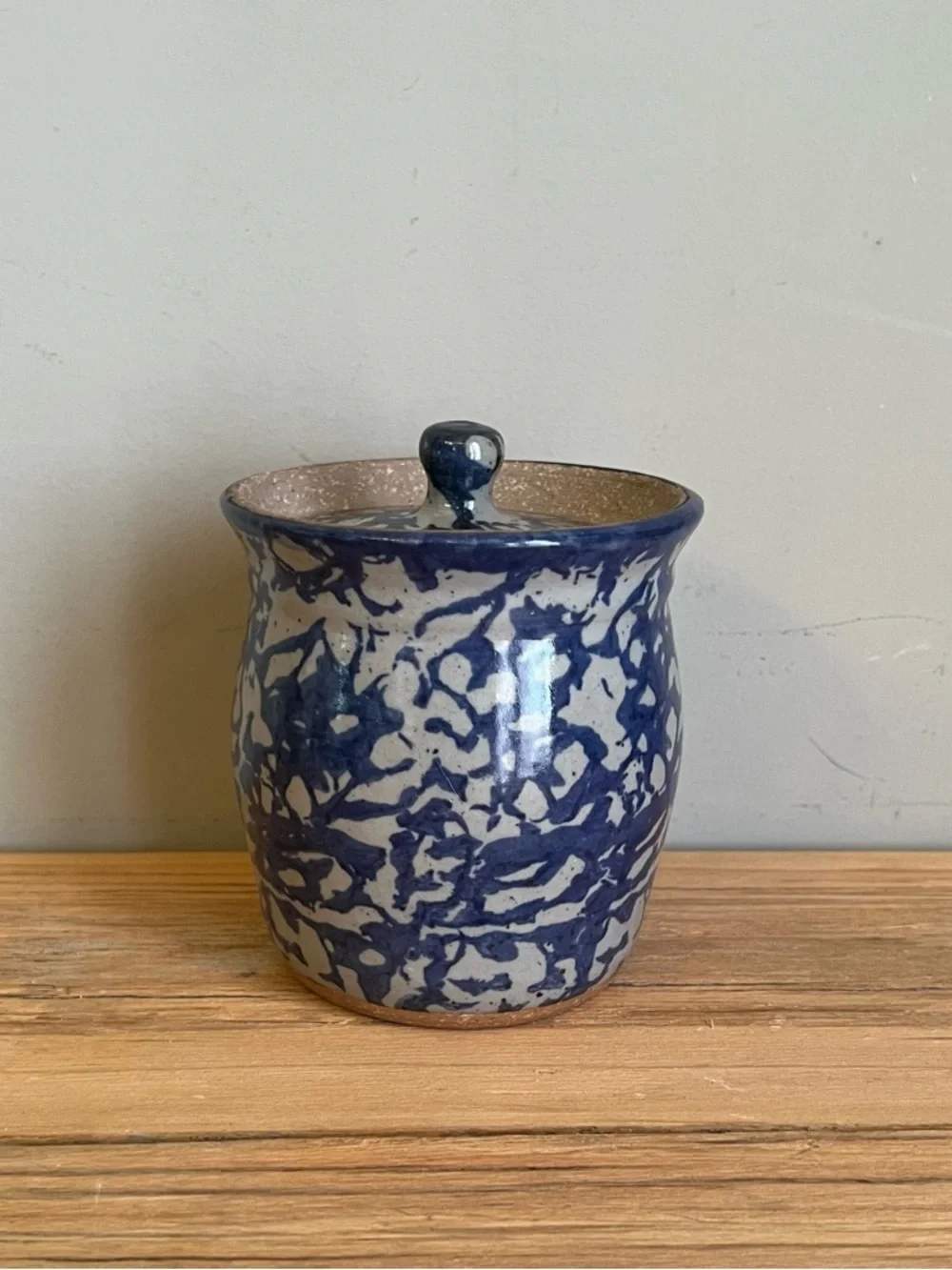 Bastine Pottery Indiana Blue Spongeware Stoneware Lidded Jar